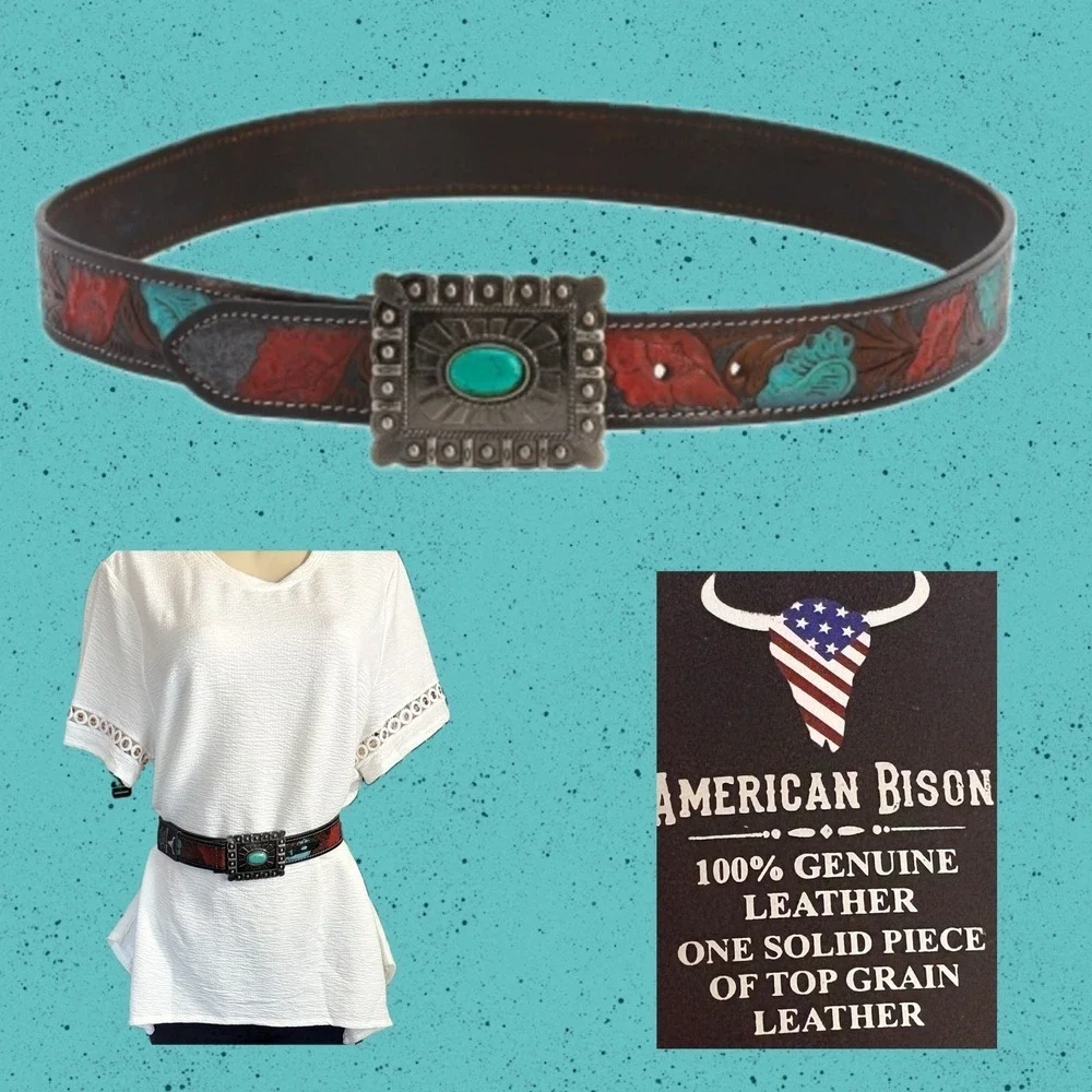 American Bison Womens Brown Leather Tooled Floral Belt Turquoise Antique Buckle
